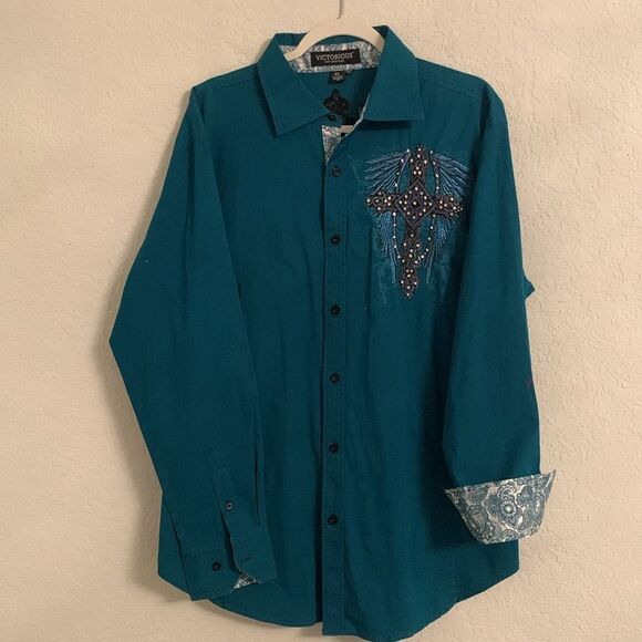 Victorious Teal Blue Long Sleeve Shirt with Embellishments Crosses Shirt Size XL - Picture 2 of 8
